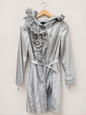 Etcetera Gray Trench Coat Lined - 8 - Gray Silver Ruffles Cascading Runway Inspo